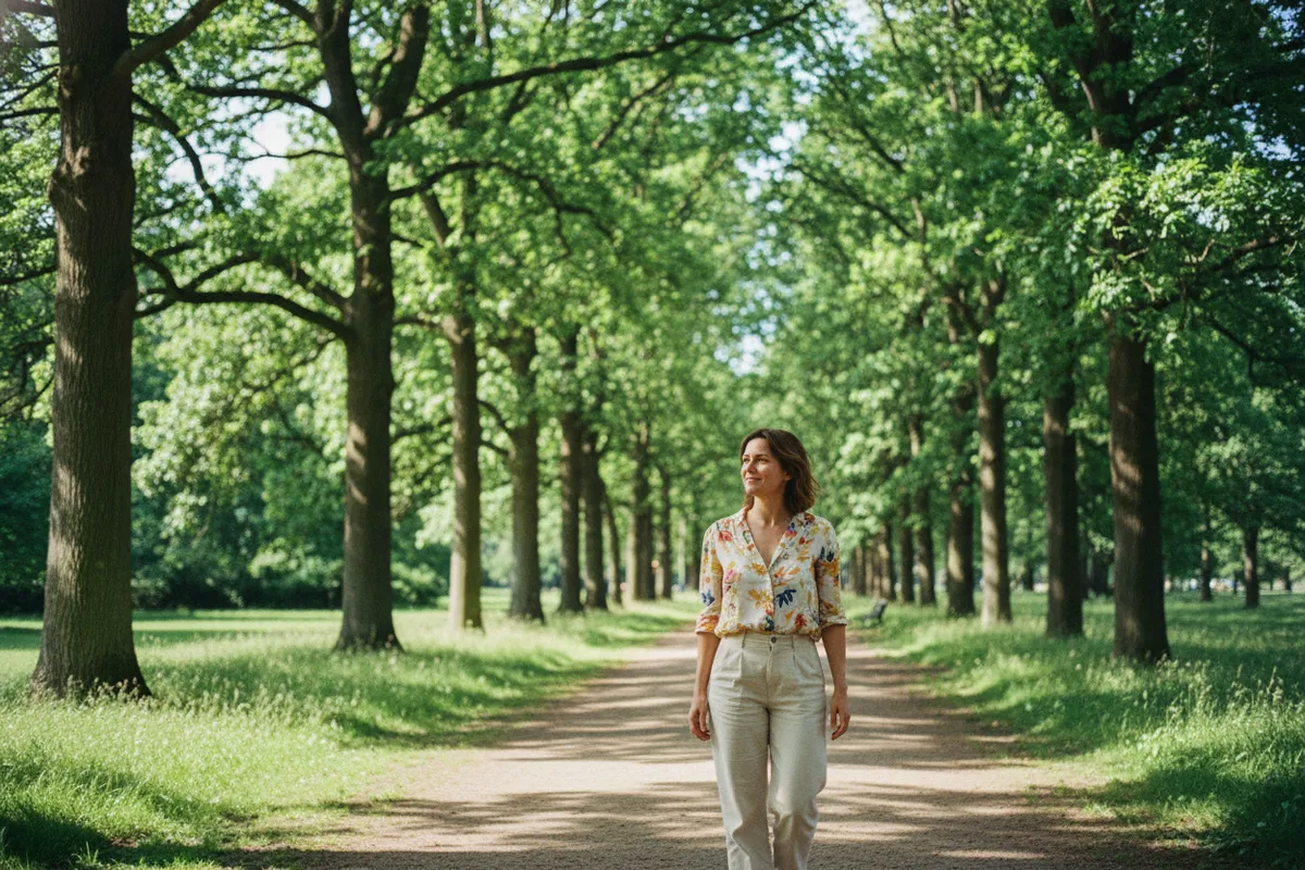 Vrouw wandelt alleen in een fris lente bos