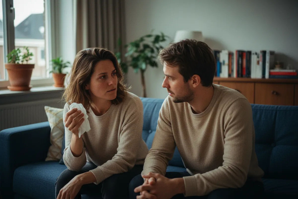 Een lastig gesprek op de bank door een stel die een relatie hebben met elkaar