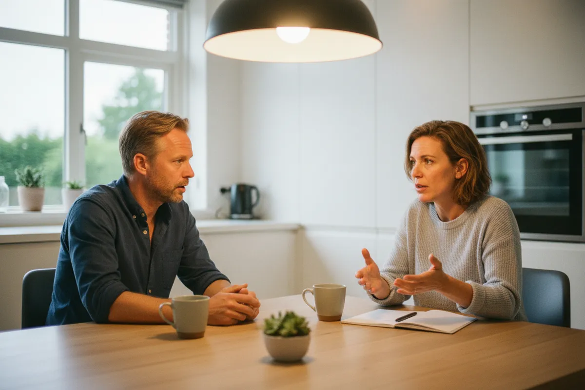 Man en vrouw voeren aan de keukentafel een gesprek