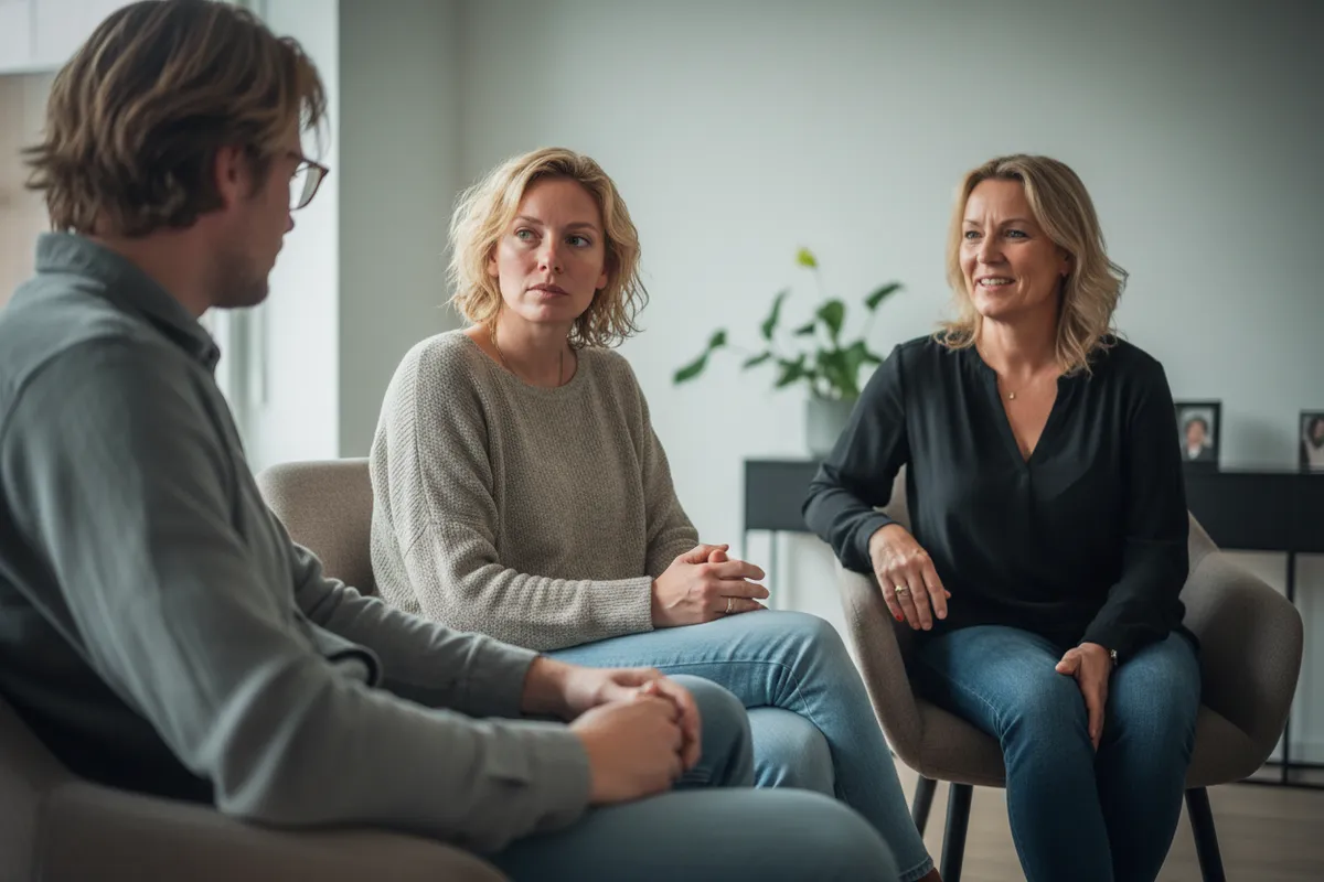 Man en vrouw met relatiecoach in gesprek thuis